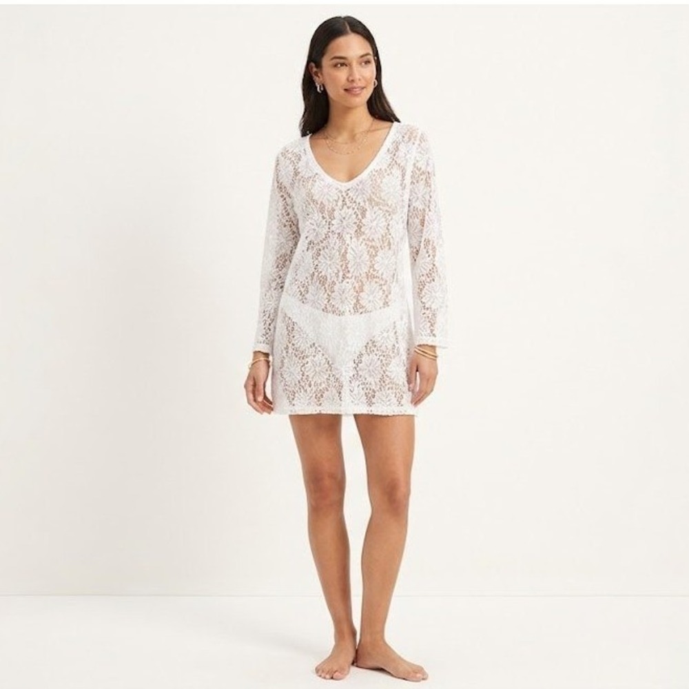 Sonoma Crochet Lace Swim Cover Up Women Large White Excellent Floral V-Neck Long